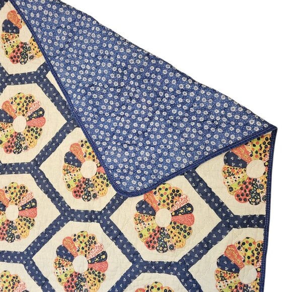 Vintage 70s Dresden Plate Wheel Quilt Blue Floral Backing 70 X 80" Blue Yellow - Picture 2 of 8